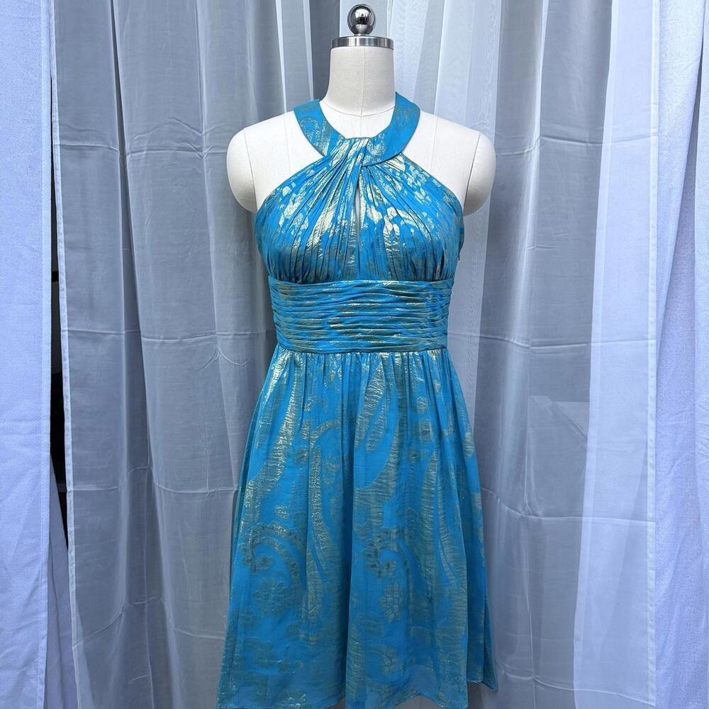 Aidan Mattox Silk Turquoise Blue Dress Sz 6 Or Small Keyhole Metallic Cocktail
